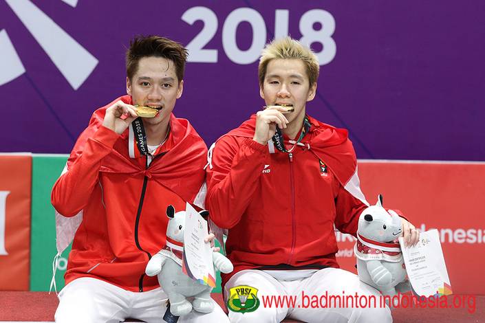 Kevin Sanjaya Sukamuljo/Marcus Fernaldi Gideon meraih medali emas Asian Games 2018. Kevin Sanjaya Sukamuljo/Marcus Fernaldi Gideon meraih medali emas Asian Games 2018.