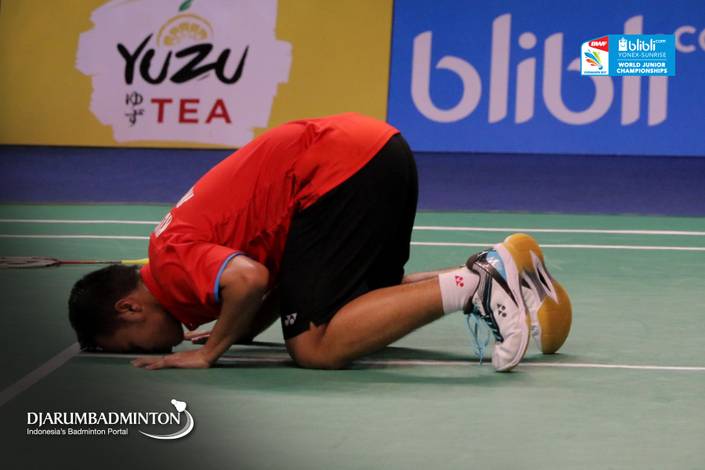 Selebrasi kemenangan Rehan Naufal Kusharjanto (Indonesia). Selebrasi kemenangan Rehan Naufal Kusharjanto (Indonesia).