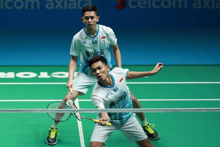 Fajar Alfian/Muhammad Rian Ardianto (Indonesia) mengembalikan shuttlecock. Fajar Alfian/Muhammad Rian Ardianto (Indonesia) mengembalikan shuttlecock.