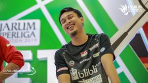 Mohammad Ahsan saat menghadiri meet and greet Djarum Superliga Badminton 2019.