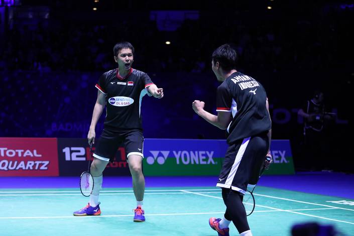 Selebrasi kemenangan Hendra Setiawan/Mohammad Ahsan (Indonesia). Selebrasi kemenangan Hendra Setiawan/Mohammad Ahsan (Indonesia).