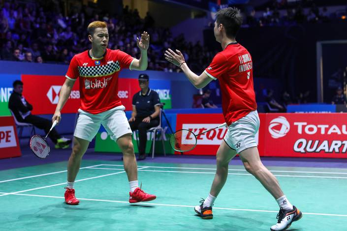 Selebrasi Kevin Sanjaya Sukamuljo/Marcus Fernaldi Gideon (Indonesia). Selebrasi Kevin Sanjaya Sukamuljo/Marcus Fernaldi Gideon (Indonesia).