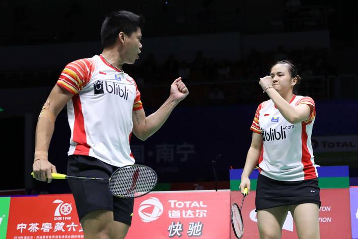 Selebrasi kemenangan Praveen Jordan/Melati Daeva Oktavianti (Indonesia). Selebrasi kemenangan Praveen Jordan/Melati Daeva Oktavianti (Indonesia).