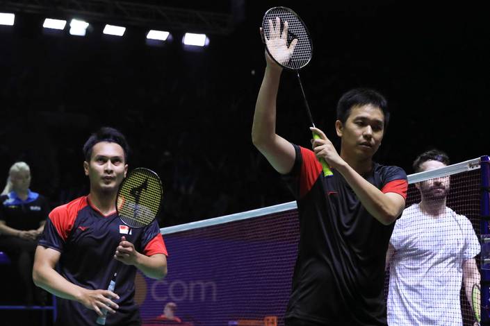 Selebrasi kemenangan Hendra Setiawan/Mohammad Ahsan (Indonesia). Selebrasi kemenangan Hendra Setiawan/Mohammad Ahsan (Indonesia).