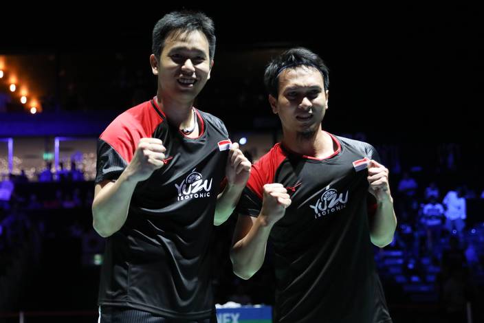 Selebrasi kemenangan Hendra Setiawan/Mohammad Ahsan (Indonesia). Selebrasi kemenangan Hendra Setiawan/Mohammad Ahsan (Indonesia).