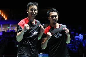 Selebrasi kemenangan Hendra Setiawan/Mohammad Ahsan (Indonesia).
