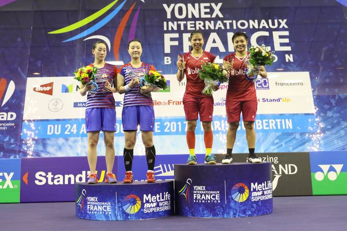 Podium Ganda Putri French Open Superseries 2017. (Foto: PBSI) Podium Ganda Putri French Open Superseries 2017. (Foto: PBSI)