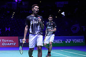 Ekspresi Fajar Alfian/Muhammad Rian Ardianto (Indonesia).