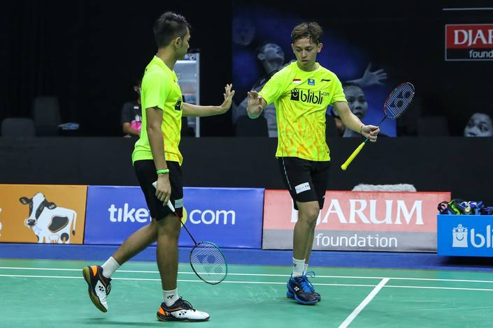 Selebrasi Fajar Alfian/Muhammad Rian Ardianto (Tim Rajawali). Selebrasi Fajar Alfian/Muhammad Rian Ardianto (Tim Rajawali).