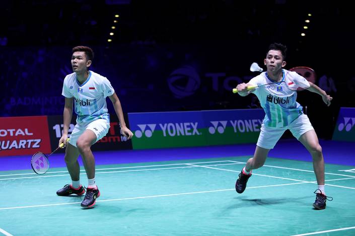 Fajar Alfian/Muhammad Rian Ardianto (Indonesia) bersiap menghadang serangan. Fajar Alfian/Muhammad Rian Ardianto (Indonesia) bersiap menghadang serangan.