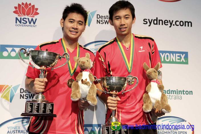Angga Pratama/Ryan Agung Saputra di Podium Australian Badminton Open 2013. (Foto: PBSI)