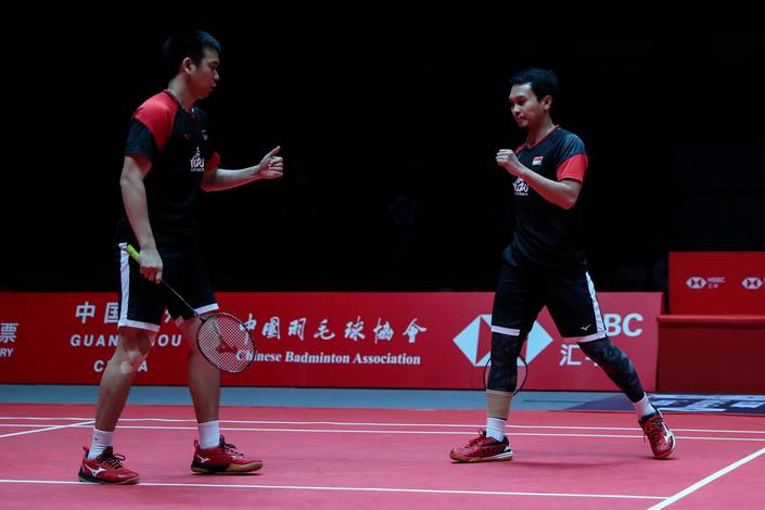Selebrasi Hendra Setiawan/Mohammad Ahsan (Indonesia). Selebrasi Hendra Setiawan/Mohammad Ahsan (Indonesia).