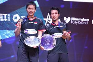 Hendra Setiawan/Mohammad Ahsan (Indonesia) saat menjuarai All England 2019 BWF World Tour Super 1000.