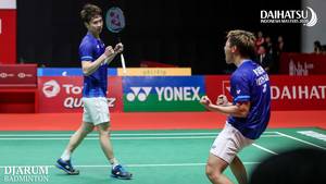 Selebrasi Kevin Sanjaya Sukamuljo/Marcus Fernaldi Gideon (Indonesia).