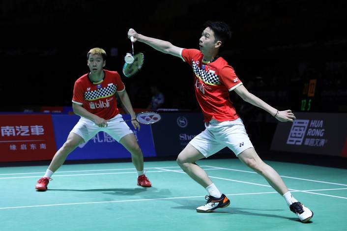 Kevin Sanjaya Sukamuljo/Marcus Fernaldi Gieon (Indonesia) menghadang serangan. Kevin Sanjaya Sukamuljo/Marcus Fernaldi Gieon (Indonesia) menghadang serangan.