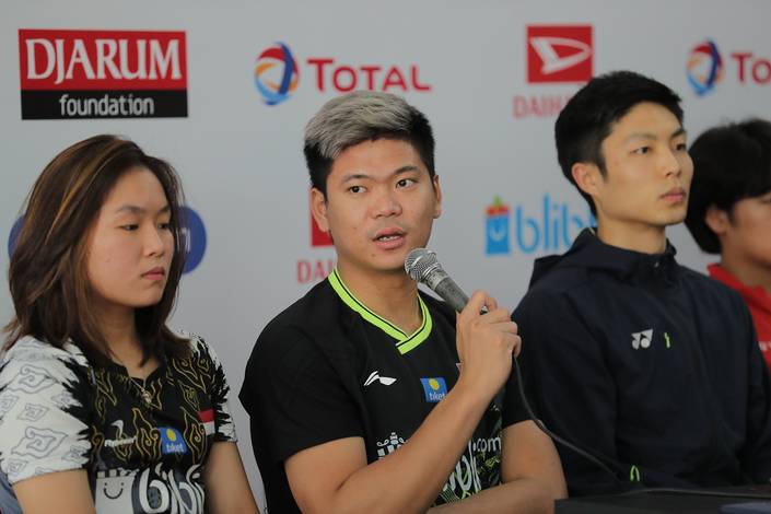 Praveen Jordan (Indonesia) saat sesi tanya jawab konfrensi pers Daihatsu Indonesia Masters 2020 BWF World Tour Super 500. Praveen Jordan (Indonesia) saat sesi tanya jawab konfrensi pers Daihatsu Indonesia Masters 2020 BWF World Tour Super 500.