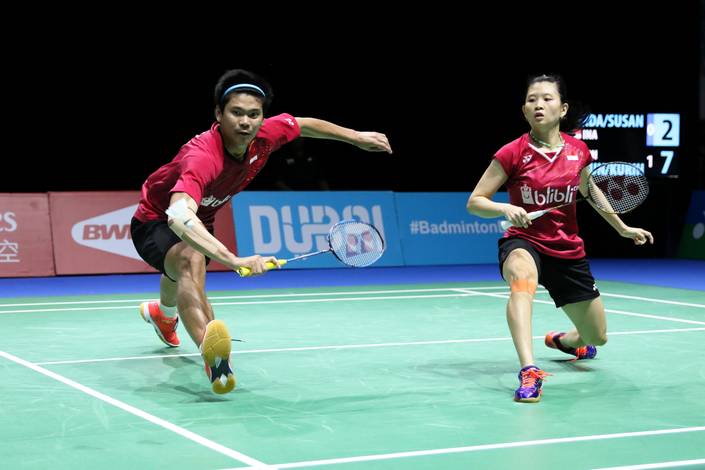 Praveen Jordan/Debby Susanto di Laga Ketiga Dubai Superseries Finals 2017. (foto: PBSI) Praveen Jordan/Debby Susanto di Laga Ketiga Dubai Superseries Finals 2017. (foto: PBSI)
