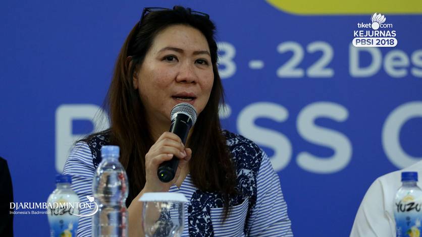 Kepala Bidang Pembinaan dan Prestasi PBSI, Susy Susanti saat menyampaikan pesan di acara pressconference Tiket.com Kejurnas PBSI 2018. Kepala Bidang Pembinaan dan Prestasi PBSI, Susy Susanti saat menyampaikan pesan di acara pressconference Tiket.com Kejurnas PBSI 2018.