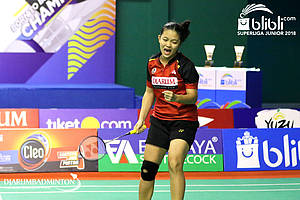 Selebrasi kemenangan Savira Sandradewi (PB Djarum Kudus).