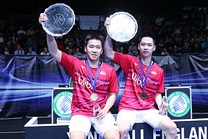 Marcus Gideon Fernaldi/Kevin Sanjaya Sukamuljo Menjadi Pemain yang Paling Banyak Mempersembahkan Gelar Juara BWF Superseries/Premier Untuk Indonesia di Tahun 2017. (Foto: PBSI)