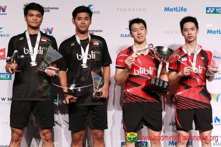 Pasangan ganda putra Indonesia Angga Pratama/Ricky Karanda menjadi runner up sementara Marcus F. Gideon/Kevin Sanjaya mampu tampil sebagai juara di Australia Open 2016 (Foto: PBSI)