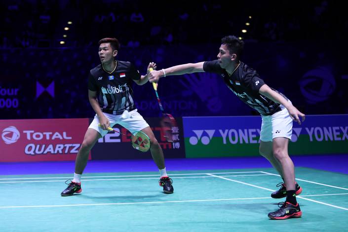 Fajar Alfian/Muhammad Rian Ardianto (Indonesia) bersiap menghadang serangan. Fajar Alfian/Muhammad Rian Ardianto (Indonesia) bersiap menghadang serangan.