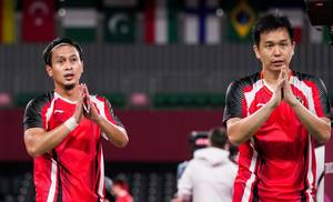 Selebrasi ganda putra Indonesia, Hendra Setiawan/Mohammad Ahsan. (Foto: BADMINTONPHOTO - Shi Tang)