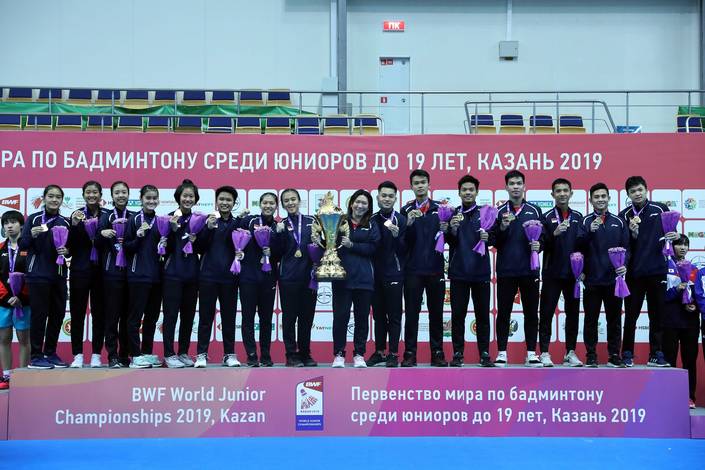 Tim Junior Indonesia saat merebut Piala Suhandinata 2019 lalu di Kazan, Rusia. Tim Junior Indonesia saat merebut Piala Suhandinata 2019 lalu di Kazan, Rusia.
