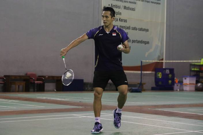 Jonatan Christie (Indonesia) saat menjalani sesi latihan di Pelatnas PBSI. (Foto: PP PBSI)
