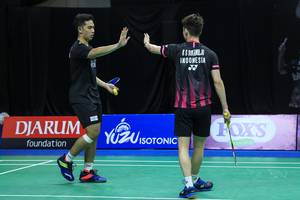 Kekompakan Kevin Sanjaya Sukamuljo/Moh. Reza Pahlevi Isfahani di lapangan.