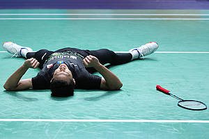 Selebrasi kemenangan Jonatan Christie (Indonesia).