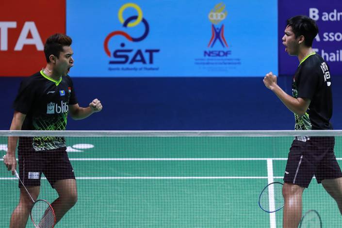 Selebrasi kemenangan ganda putra Indonesia, Leo Rolly Carnando/Daniel Marthin. (Foto: PP PBSI)