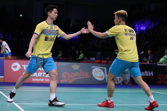 Selebrasi Kevin Sanjaya Sukamuljo/Marcus Fernaldi Gideon (Indonesia). Selebrasi Kevin Sanjaya Sukamuljo/Marcus Fernaldi Gideon (Indonesia).
